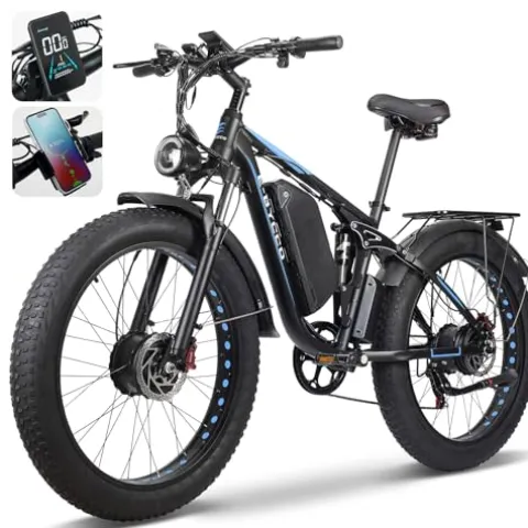 E·Bycco Dual 1000W Motors 2000W Electric Bike for Adults, 35MPH 48V 23Ah Battery Electric Bicycle, Full Suspension 26″*4.0 Fat Tire Hydraulic Disc Brake, Beach Off-Road Mountain E-Bike for Men EB7Pro Blue/2000W/Dual Motor