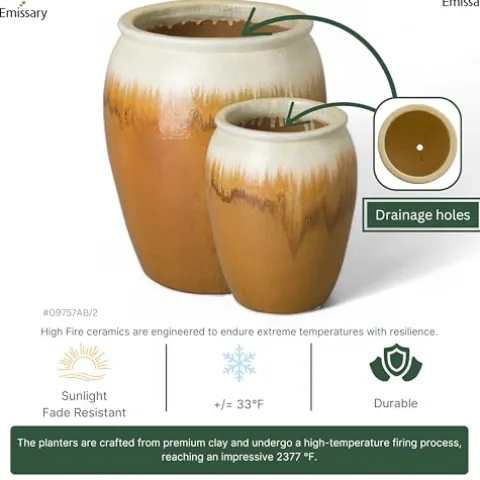 Emissary Amber Stoneware Round Planters Set of 2 23.5in. L x 30in. H
