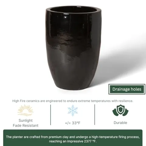 Emissary Black Stoneware Round Planter 18in x 26in