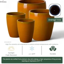 Emissary Bright Orange Ceramic Round Planters Set of 4 with Drainage Holes (12in., 14in., 15.5in., 21in.)