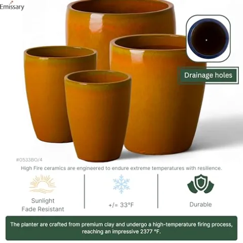 Emissary Bright Orange Ceramic Round Planters Set of 4 with Drainage Holes (12in., 14in., 15.5in., 21in.)