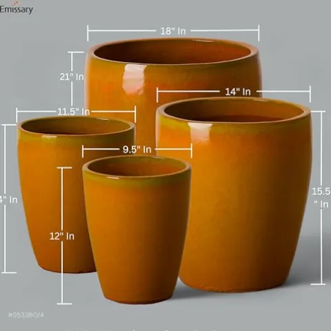 Emissary Bright Orange Ceramic Round Planters Set of 4 with Drainage Holes (12in., 14in., 15.5in., 21in.)