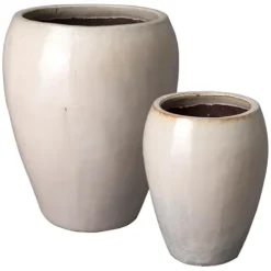 Emissary Distressed White Stoneware Round Planters 25in. L x 30in. H (Set of 2)