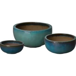 Emissary Gold & Teal Stoneware Shallow Ground Planter Set of 3 Teal/Gold