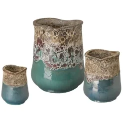 Emissary 22in. L x 30in. H Reef Teal Stoneware Round Planters Set of 3