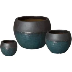 Emissary Matte Black/Teal Stoneware Round Planters Set of 3