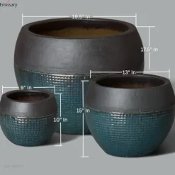 Emissary Matte Black/Teal Stoneware Round Planters Set of 3