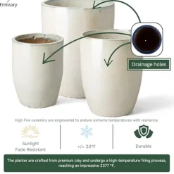 Emissary Pearl White Stoneware Round Planters Set of 3 22in x 28in