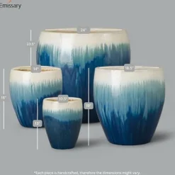 Emissary Set of 4 Blue Snow Round Stoneware Planters (13in, 16in, 19in, 23.5in)