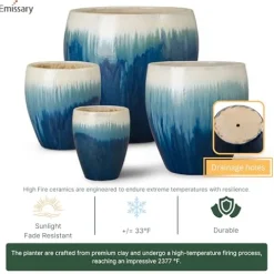 Emissary Set of 4 Blue Snow Round Stoneware Planters (13in, 16in, 19in, 23.5in)