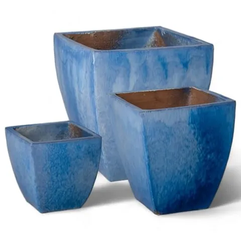 Emissary Square Stoneware Planter Set of 3 Blue
