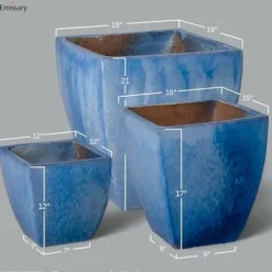 Emissary Square Stoneware Planter Set of 3 Blue