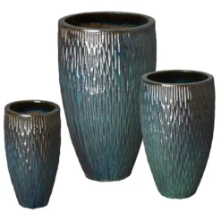 Emissary Teal Stoneware Round Planters Set of 3 21in. L x 35in. H