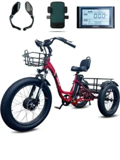 EMOJO Caddy Pro Fat Tire Electric Tricycle Hydraulic Disk Brakes Ebike Trike 7 Speed Pedal Assist 3 Wheel Electric Bike 48V 15.6Ah Battery LCD Display Apple Red