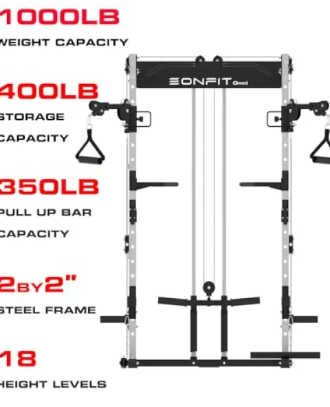 EonfitOmni Power Cage with Pulley System, Squat Power Rack Home Gym Cable Crossover LAT Pulldown Fitness Machines Black
