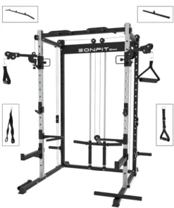 EonfitOmni Power Cage with Pulley System, Squat Power Rack Home Gym Cable Crossover LAT Pulldown Fitness Machines Black