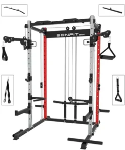 EonfitOmni Power Rack Home Gym Power Cage with Pulley System Cable Crossover LAT Pulldown Fitness Machine Red