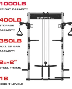 EonfitOmni Power Rack Home Gym Power Cage with Pulley System Cable Crossover LAT Pulldown Fitness Machine Red