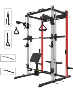 EonfitOmni Smith Machine Power Cage Squat Rack with Cable Crossover, Red320