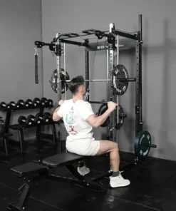 EonfitOmni Smith Machine Squat Rack Cable Crossover Pulley System Home Gym Equipment Black with Red Bench