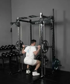 EonfitOmni Smith Machine Squat Rack Cable Crossover Pulley System Home Gym Equipment Black with Red Bench