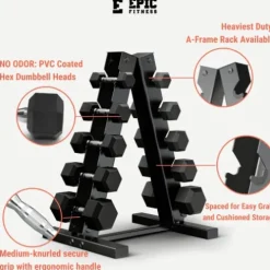 Epic Fitness Premium Hex Dumbbell Set with A-Frame Rack Black