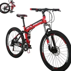 EUROBIKE 26” Full Suspension Mountain Bike 21 Speed Folding Bicycle Men or Women MTB G6 Red