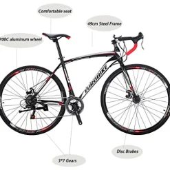 EUROBIKE Road Bike 700C Wheels 21 Speed Disc Brake Bicycle 54cm Cycling Black Red