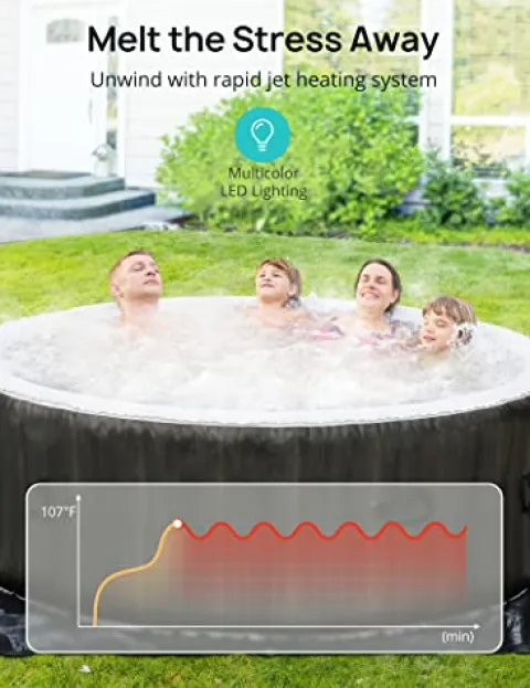 Evajoy Inflatable Hot Tub with LED, Electric Heater Pump, 140 Air Jets for 4-6 Adults Brown