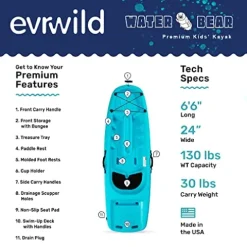 Evrwild Kids 6.5ft Kayak with Paddle, Lightweight Premium & Stable, 3-Level Footrest, Sit On Top for Youth to Teen Up to 130lbs, Grinnell Glacier Blue