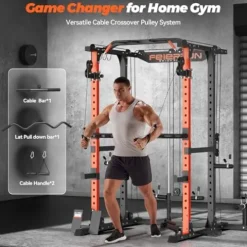 FEIERDUN Multi-Function Squat Rack Power Cage with Cable Crossover, 2000LBS Capacity, Orange/Black