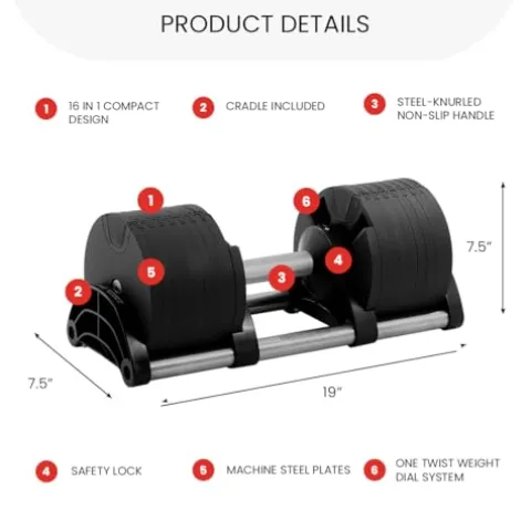 FF Finer Form NÜOBELL Adjustable Dumbbell Pair 5-80 lbs Black and Silver