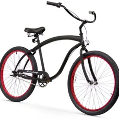 Firmstrong Bruiser 3 Speed Men’s 26-Inch Beach Cruiser Bike Matte Black/Red Rims