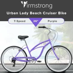 Firmstrong Urban Women’s Beach Cruiser Bike, 7 Speed, 26 Inch, Purple w/ Black Seat