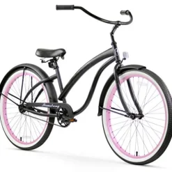 Firmstrong Women’s Beach Cruiser Bicycle Single Speed 26 Inch Matte Black/Pink Rims