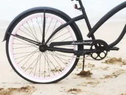 Firmstrong Women’s Beach Cruiser Bicycle Single Speed 26 Inch Matte Black/Pink Rims