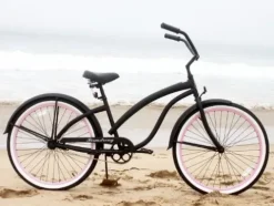 Firmstrong Women’s Beach Cruiser Bicycle Single Speed 26 Inch Matte Black/Pink Rims