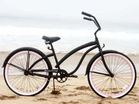 Firmstrong Women’s Beach Cruiser Bicycle Single Speed 26 Inch Matte Black/Pink Rims