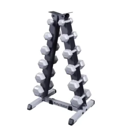 Fitness Factory Cast Iron Hex Dumbbell Set with Storage Rack and Floor Mat Gray