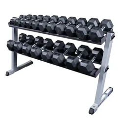 Fitness Factory Rubber Coat Hex Dumbbell Set 5-50 lb with Heavy Duty 2-Tier Storage Rack Black