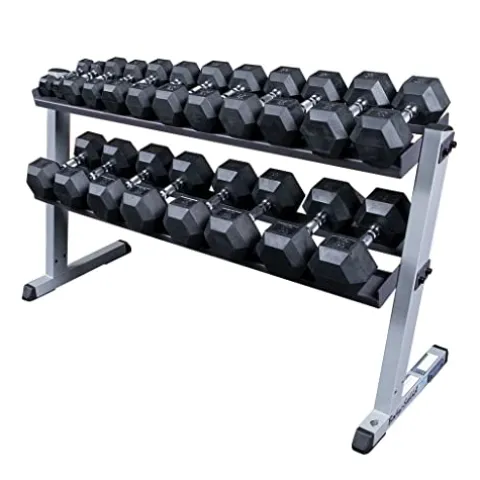 Fitness Factory Rubber Coat Hex Dumbbell Set 5-50 lb with Heavy Duty 2-Tier Storage Rack Black