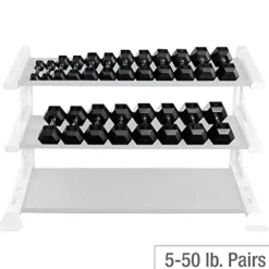Fitness Factory Rubber Coat Hex Dumbbell Set 5-50 lb with Heavy Duty 2-Tier Storage Rack Black