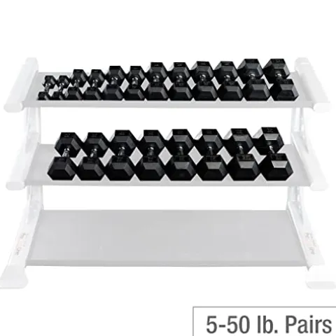 Fitness Factory Rubber Coat Hex Dumbbell Set 5-50 lb with Heavy Duty 2-Tier Storage Rack Black