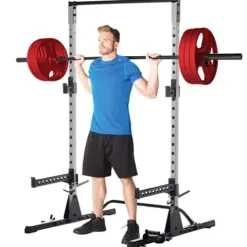 Fitness Reality Squat Rack Power Cage with J-Hooks, Landmine 360° Swivel, Weight Plate Storage Attachment and Power Band Pegs Gray