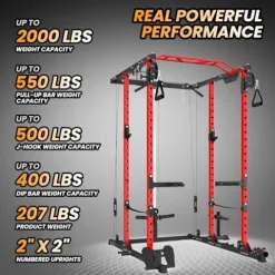 Flarhetoric Power Cage 2000 Lbs Home Gym Squat Rack with Cable Cross-Over & LAT Pull Down Black and Red