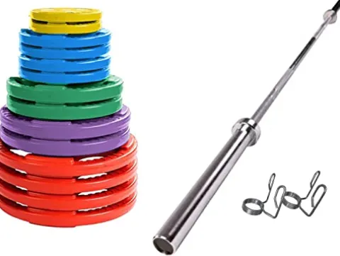 French Fitness Colored Rubber Grip Weight Plate Set w/7 ft Olympic Bar 395 lbs