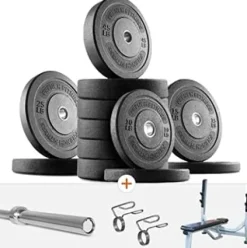 French Fitness Olympic Bumper Plate Set with 7 ft Olympic Bar 415 lbs + Bench