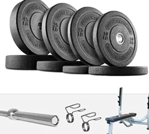 French Fitness Olympic Bumper Plate Set 235 lbs + Bench (New)