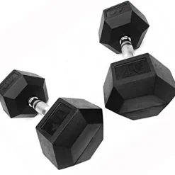French Fitness Rubber Coated Hex Dumbbell Set 55-75 lbs Black
