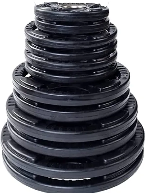 French Fitness Rubber Grip Weight Plate Set w/ 7 ft Olympic Bar 305 lbs